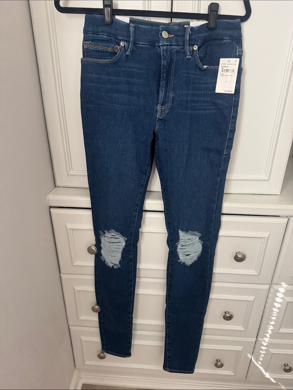 Good American x Calik Denim Dark Blue Distressed Skinny Jeans